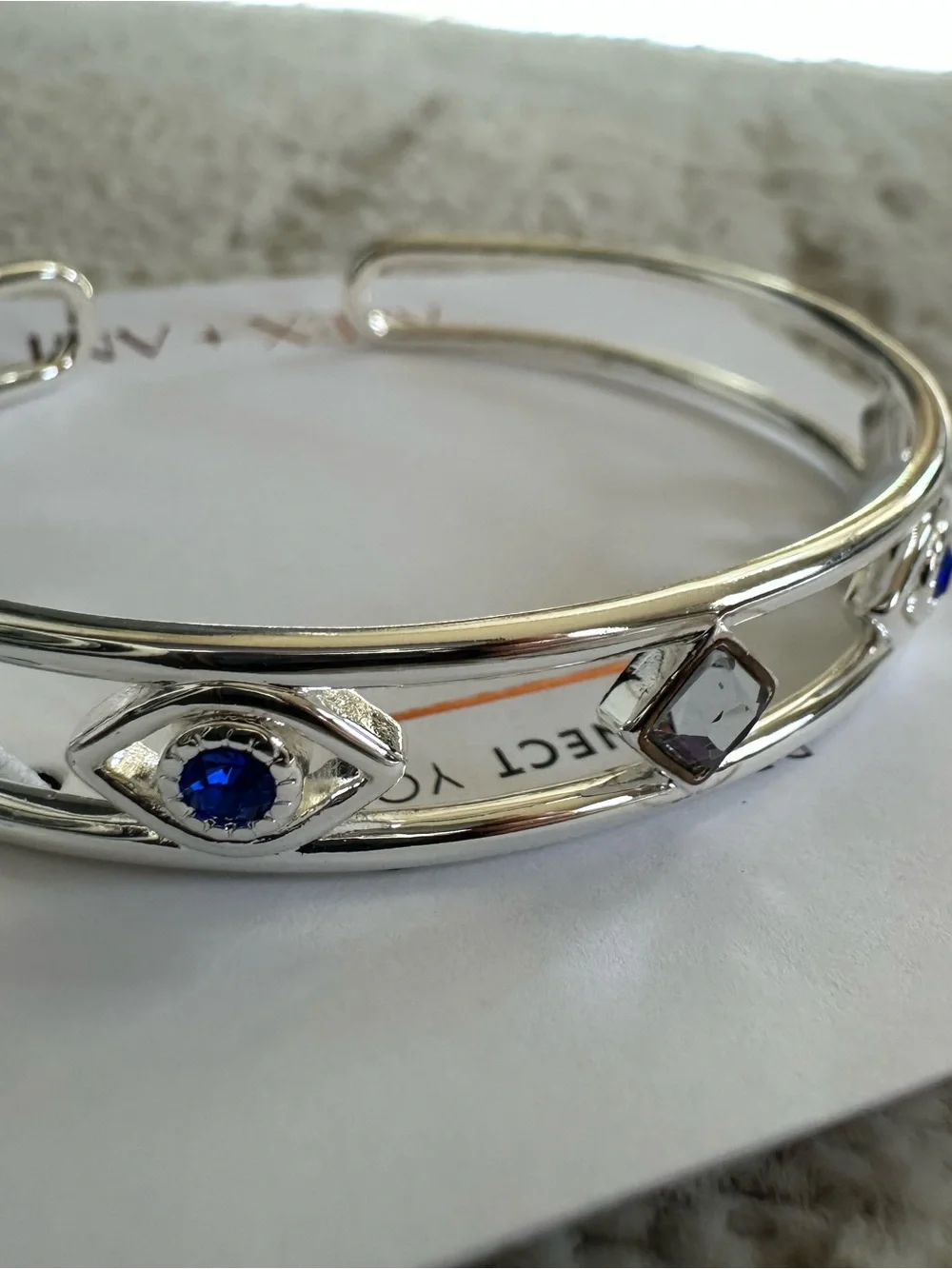 NWT Alex and Ani Silver Evil Eye Cuff Bracelet with Blue and Clear Stones - Picture 1 of 5